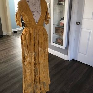 Honey Punch Mustard Lace Maxi Dress